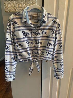 Wrangler Vtg Western Wear Tie Front Cropped Horses Stripes on White - M